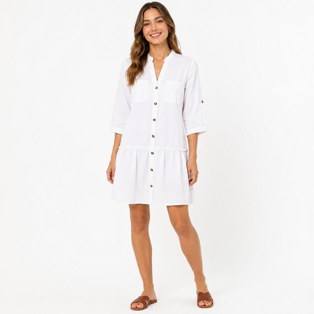 MPH Collection Women's White 100% Cotton Drop Waist Button Front Dress